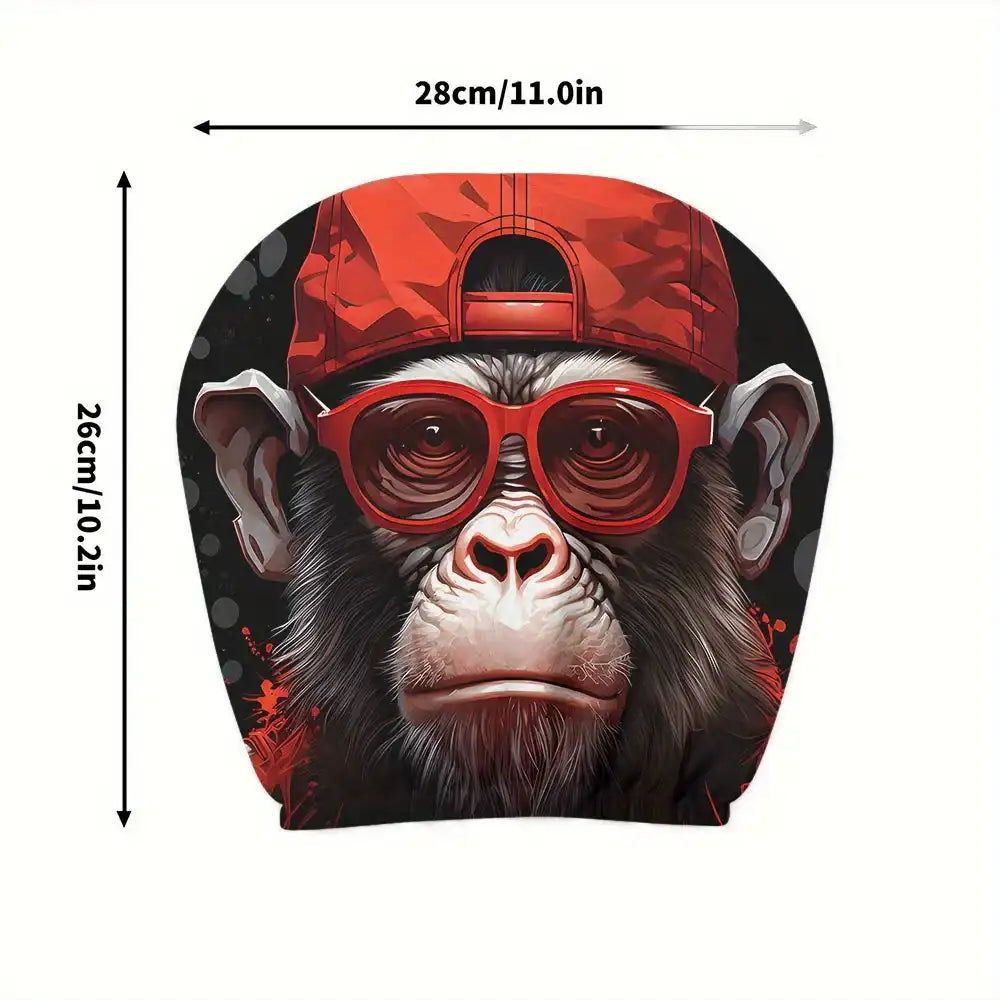 Pacifier cover with monkey design wearing a red cap and sunglasses, with measurements indicated.