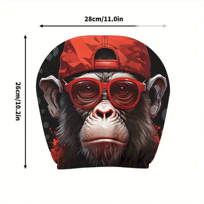 Pacifier cover with monkey design wearing a red cap and sunglasses, with measurements indicated.