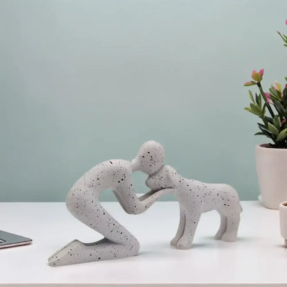 Creative Dog and Owner Resin Statue Personalized Pet Lover Home Decor - Light Grey
