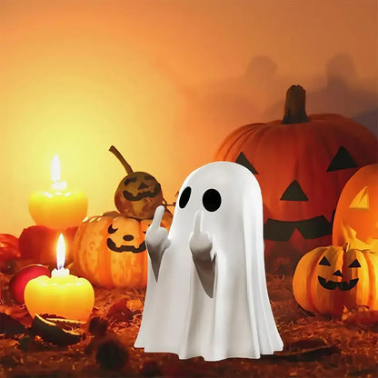 Cute Middle Finger Ghost Statue Funny Halloween Decor & Table Centerpiece - White