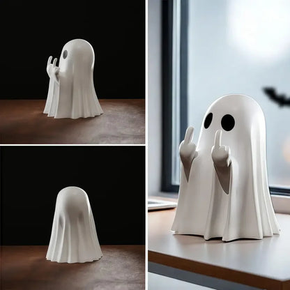 Cute Middle Finger Ghost Statue Funny Halloween Decor & Table Centerpiece - White