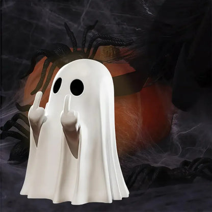 Cute Middle Finger Ghost Statue Funny Halloween Decor & Table Centerpiece - White