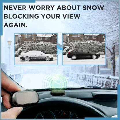Car dashboard with a device clearing snow from the windshield, text 'Never worry about snow blocking your view again'.