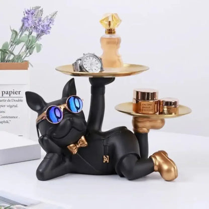 Decorative Statue French Bulldog Storage Figurine Key Holder - Black / Sleeping With Tray