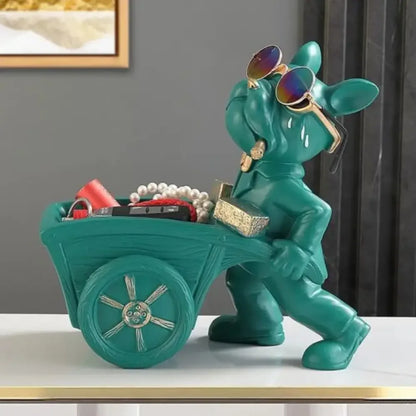 Decorative Statue French Bulldog Storage Figurine Key Holder - Green / Pushing Cart Bulldog