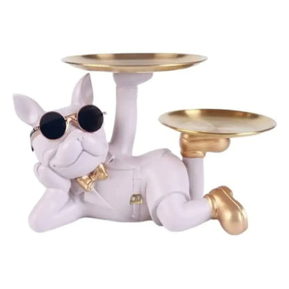 Decorative Statue French Bulldog Storage Figurine Key Holder - White / Sleeping With Tray