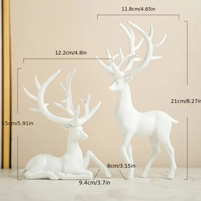 White deer figurines with measurements on a beige background