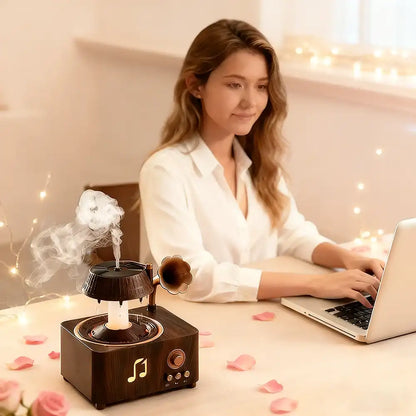 A woman using a laptop with a diffuser emitting steam on a table decorated with flowers and lights.