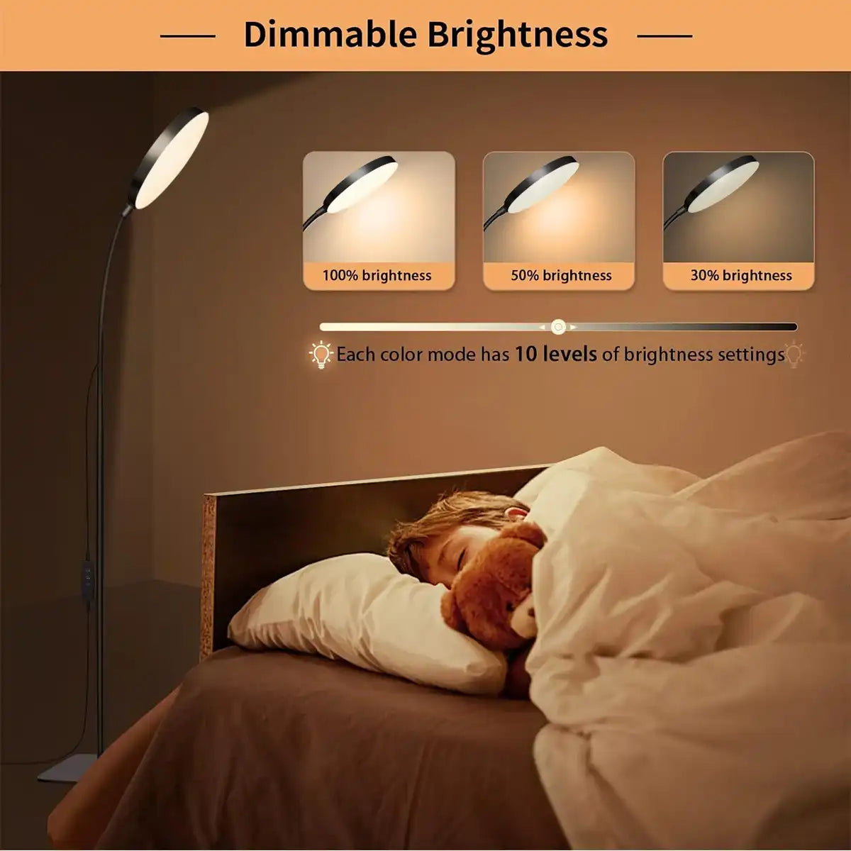 Bedroom scene with a dimmable floor lamp and child sleeping, showing brightness settings.