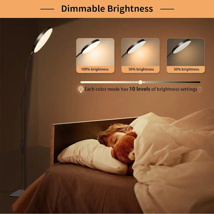 Bedroom scene with a dimmable floor lamp and child sleeping, showing brightness settings.