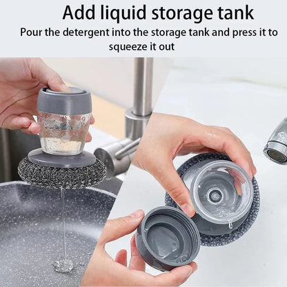 Hands holding a dish scrubber with a liquid storage tank over a sink.