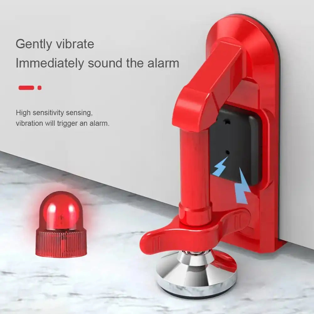 Red door alarm system with vibration sensor on a white background