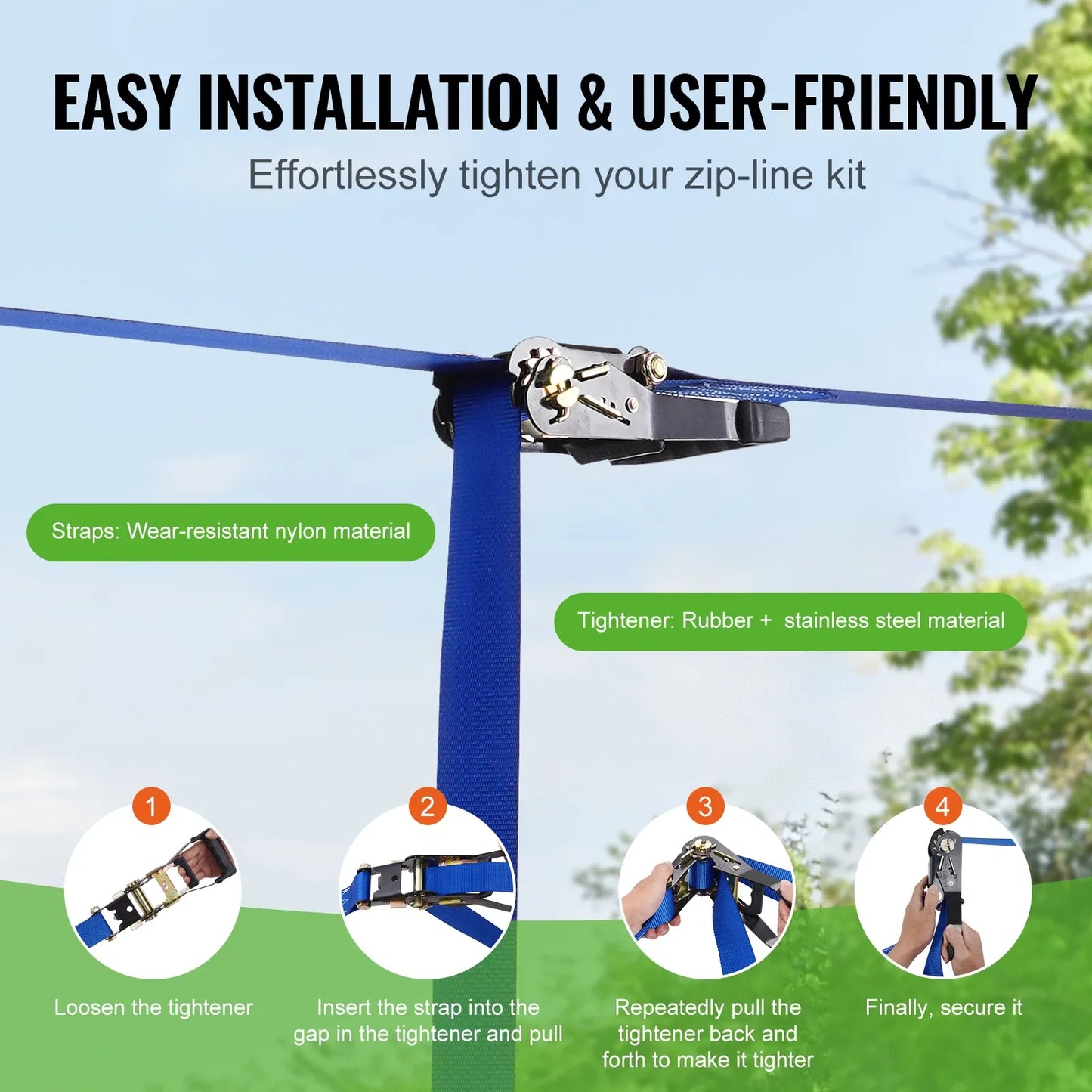 Zipline Kit for Kids & Adults – Backyard Outdoor Zip Line Set with Seat & Handlebar