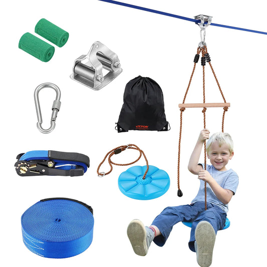 Zipline Kit for Kids & Adults – Backyard Outdoor Zip Line Set with Seat & Handlebar
