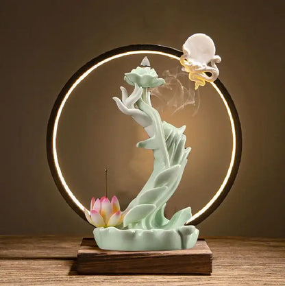 Buddha Hand Lotus Backflow Incense Burner with LED Ring