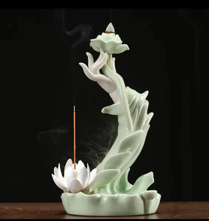 Buddha Hand Lotus Backflow Incense Burner with LED Ring
