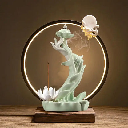 Buddha Hand Lotus Backflow Incense Burner with LED Ring