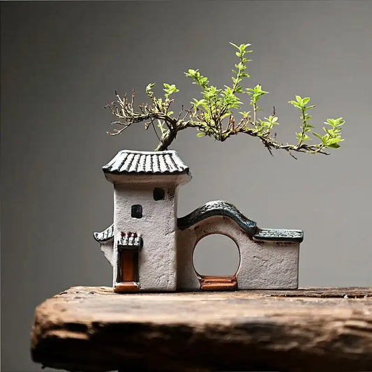 Jiangnan House Ceramic Succulent Planter - Handcrafted Rustic Tabletop Pot