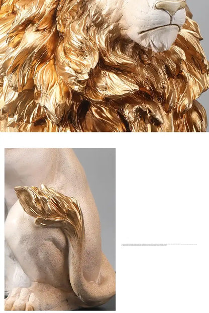 Close-up of a lion statue with detailed mane and face on a gray background