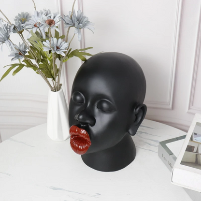 Modern Red Lip Lady Head Sculpture – Resin Art Decor