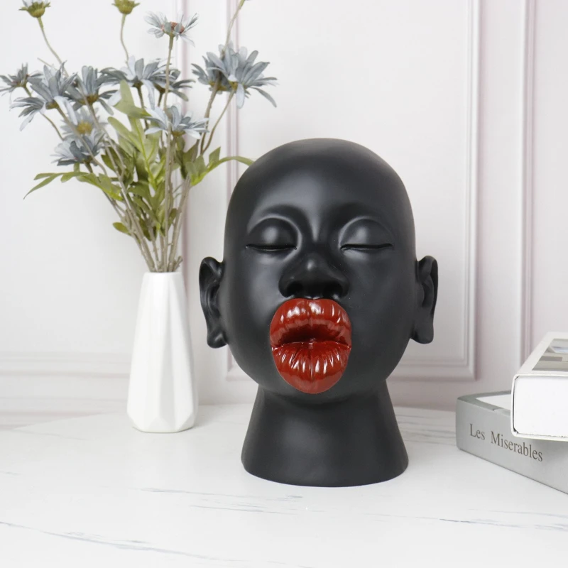 Modern Red Lip Lady Head Sculpture – Resin Art Decor