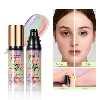 Cosmetic bottles with 'QBest' branding, showing 'Before' and 'After' effects on skin.