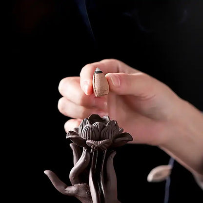 Buddha Hand Lotus Backflow Incense Burner with LED Ring