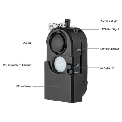 Mini PIR Motion Sensor Security Alarm — 120dB SOS Alert with LED Flashlight