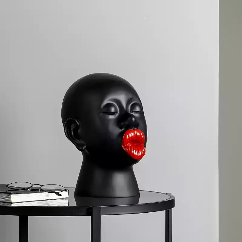 Modern Red Lip Lady Head Sculpture – Resin Art Decor