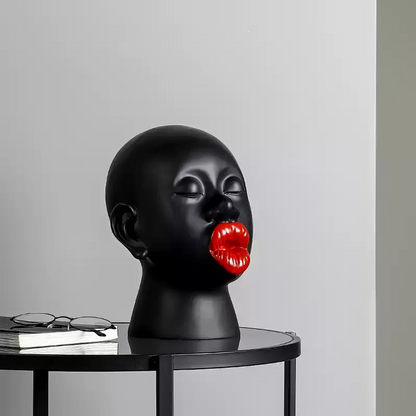 Modern Red Lip Lady Head Sculpture – Resin Art Decor