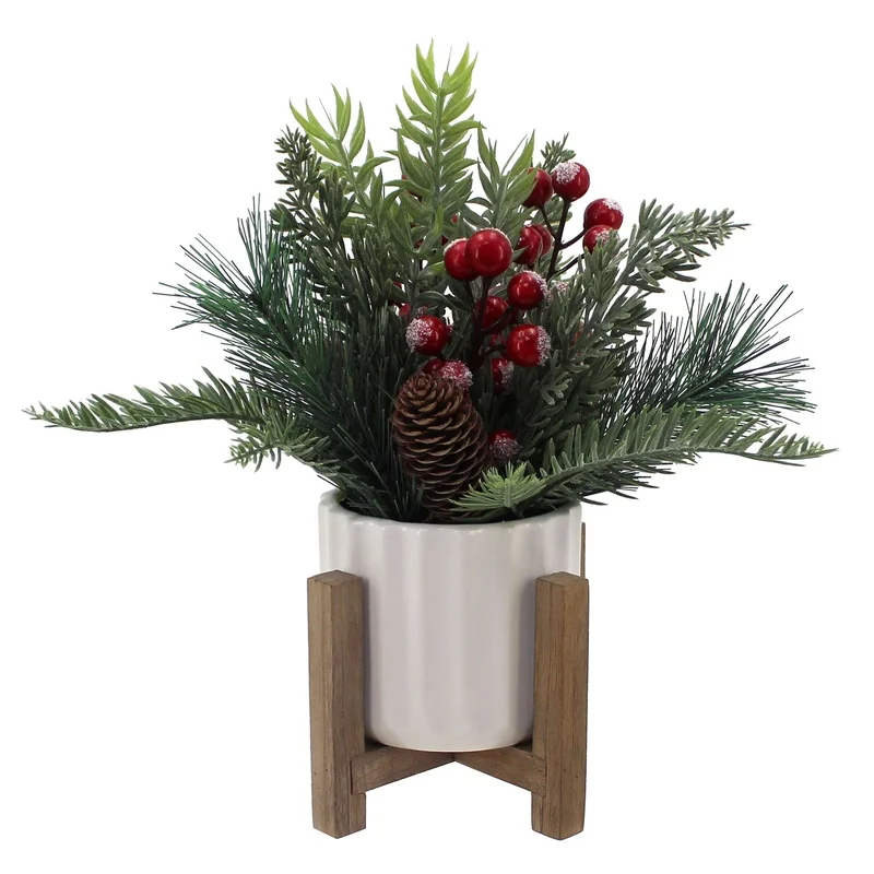 11" Artificial Christmas Tabletop Tree | Red Berries & Pine in White Ceramic
