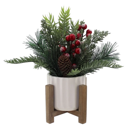 11" Artificial Christmas Tabletop Tree | Red Berries & Pine in White Ceramic