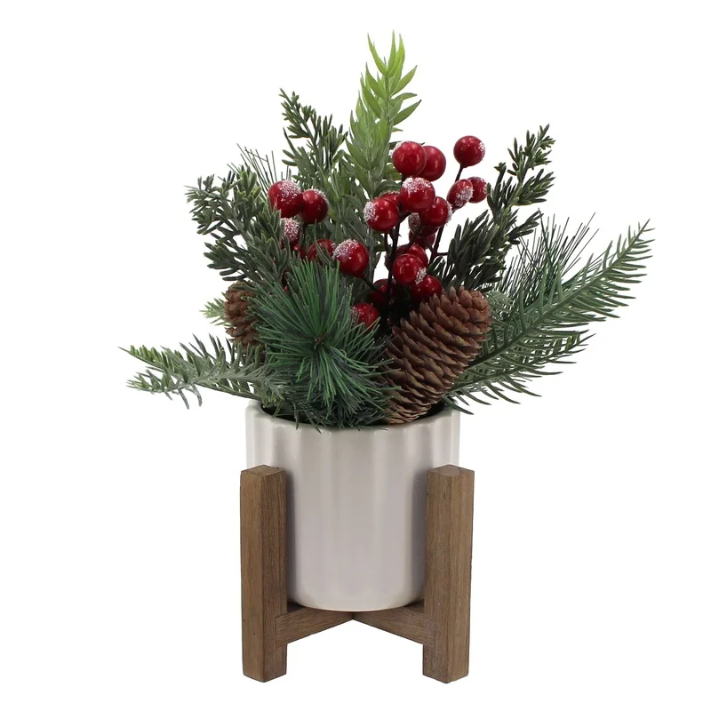 11" Artificial Christmas Tabletop Tree | Red Berries & Pine in White Ceramic