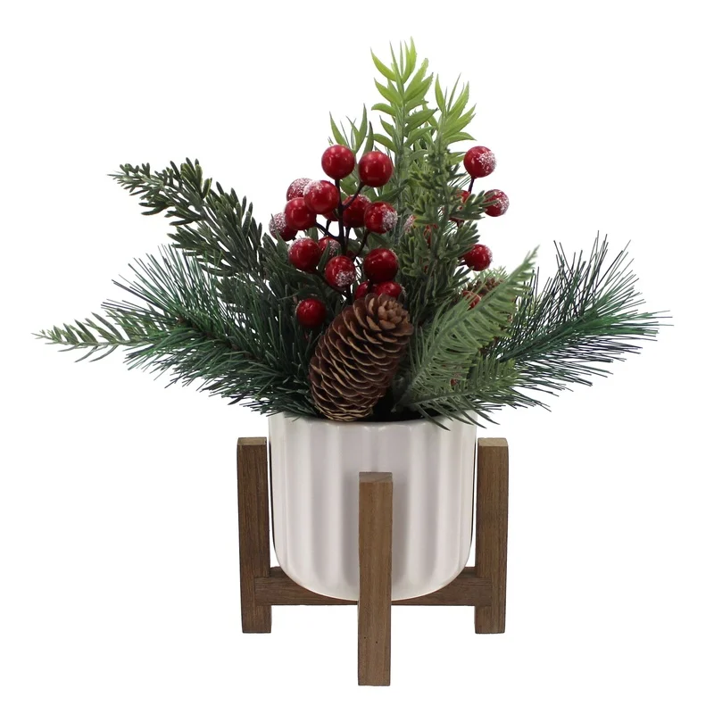 11" Artificial Christmas Tabletop Tree | Red Berries & Pine in White Ceramic