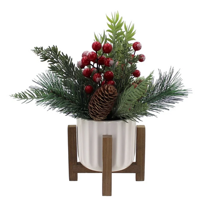 11" Artificial Christmas Tabletop Tree | Red Berries & Pine in White Ceramic
