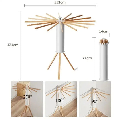 Foldable 360° Rotating Clothes Drying Rack with Wood Arms & Tripod Base