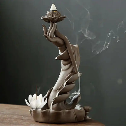 Buddha Hand Lotus Backflow Incense Burner with LED Ring
