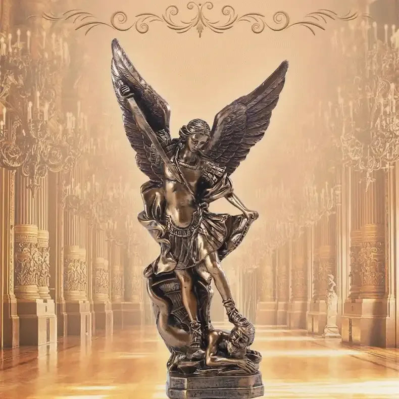 Archangel Saint Michael Statue – Angel Warrior Defeating Demon Resin Sculpture - Bronze
