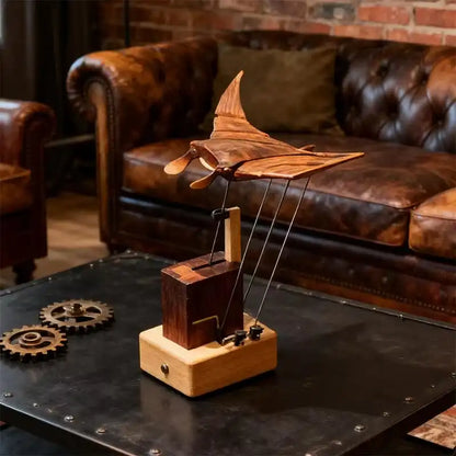 Artisan Wooden Manta Ray Automaton - Hand-Cranked Kinetic DIY Sculpture