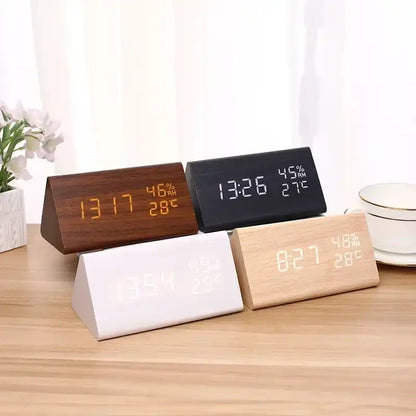 Wooden LED Digital Alarm Clock with Temperature, Humidity & Voice Control