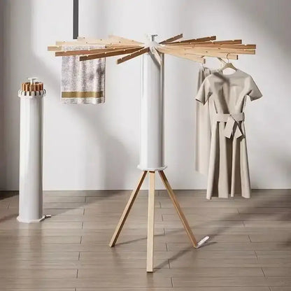 Foldable 360° Rotating Clothes Drying Rack with Wood Arms & Tripod Base