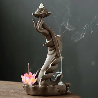 Buddha Hand Lotus Backflow Incense Burner with LED Ring