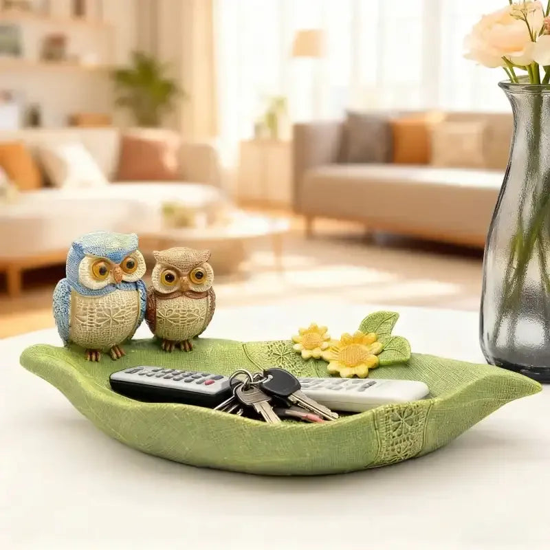 Couple Owl Decorative Storage Tray – Resin Owl Key Holder Table Decor - 