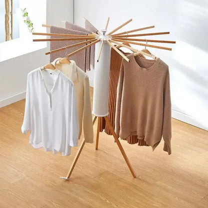 Foldable 360° Rotating Clothes Drying Rack with Wood Arms & Tripod Base