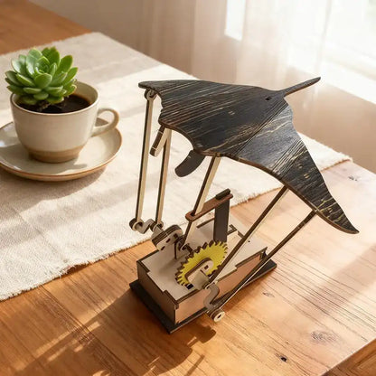 Artisan Wooden Manta Ray Automaton - Hand-Cranked Kinetic DIY Sculpture
