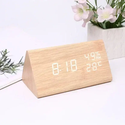 Wooden LED Digital Alarm Clock with Temperature, Humidity & Voice Control