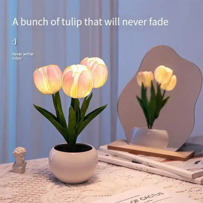 Decorative tulips in a pot with a text overlay on a soft background