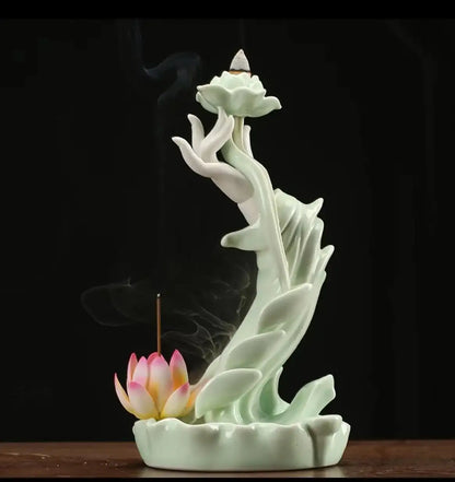 Buddha Hand Lotus Backflow Incense Burner with LED Ring