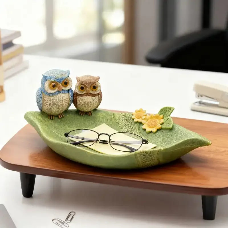 Couple Owl Decorative Storage Tray – Resin Owl Key Holder Table Decor - 