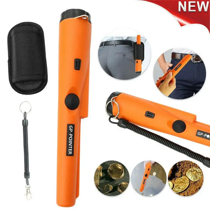 Orange metal detector with carrying case and additional features on a white background